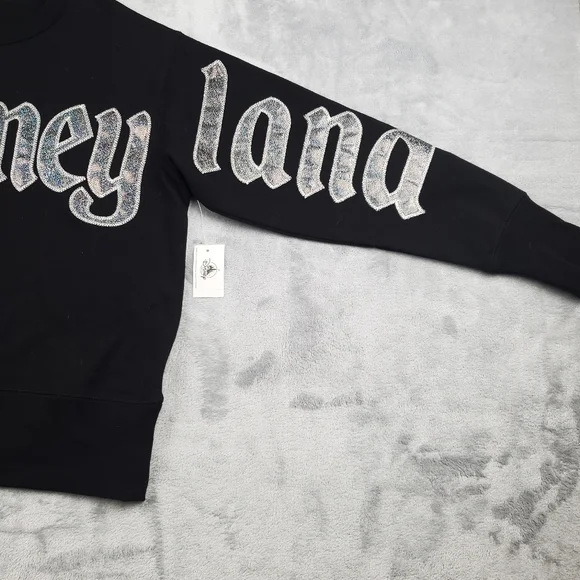 Disney Womens XS Disneyland Long Sleeve Top Black Silver Shimmer Spell Out NEW - Picture 2 of 10